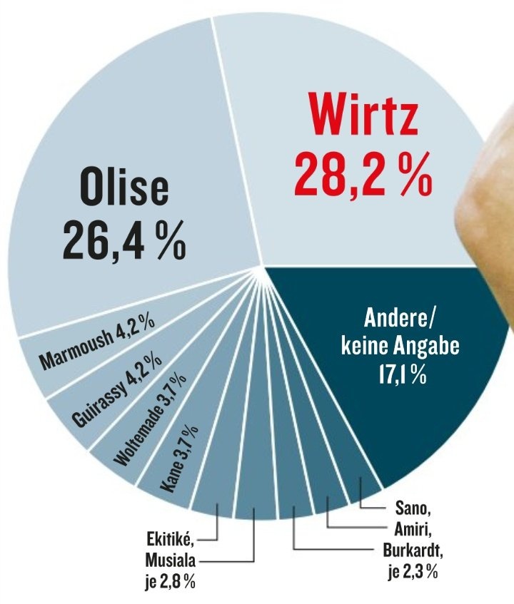 《踢球者》票選德甲賽季最佳球員：維爾茨28.2%，奧利塞第二