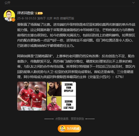 詹俊：曼聯(lián)贏了場面輸了比賽，阿森納算是“丑陋地贏球”