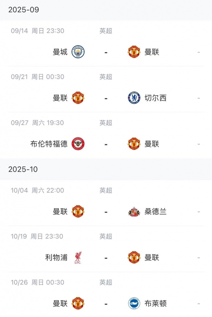 能拿幾分？曼聯(lián)賽程：9月客戰(zhàn)曼城、主場戰(zhàn)切爾西，10月踢利物浦